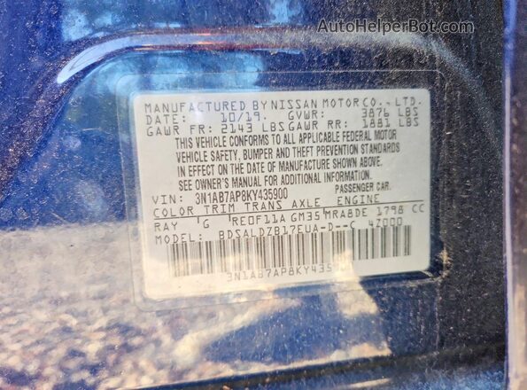 3N1AB7AP8KY435900 2019 NISSAN SENTRA Blue Vista del compartimento del motor