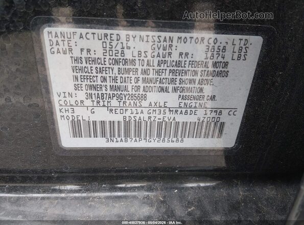 3N1AB7AP9GY285688 2016 NISSAN SENTRA Черный Вид подкапотного пространства