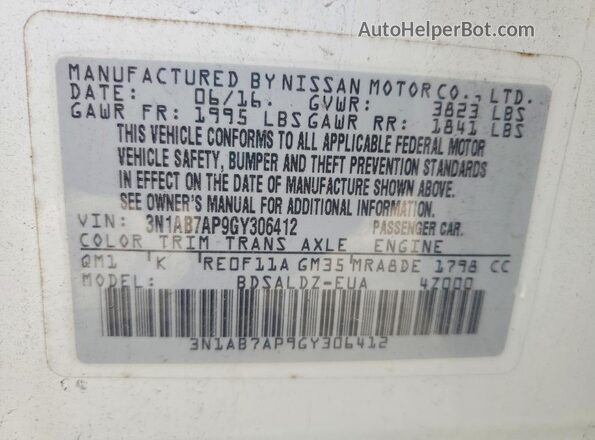 3N1AB7AP9GY306412 2016 NISSAN SENTRA Белый Вид наклейки с VIN-кодом