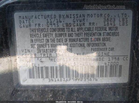 3N1AB7AP9HY239876 2017 NISSAN SENTRA Black Вид підкапотного простору
