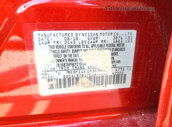 3N1AB7AP9KY219148 2019 NISSAN SENTRA Red Widok naklejki z numerem VIN