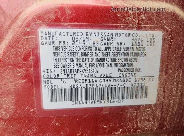 3N1AB7AP9KY318407 2019 NISSAN SENTRA Red VIN sticker view