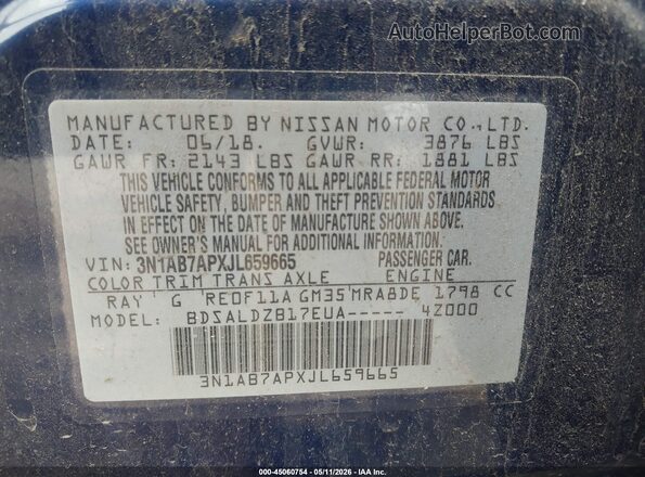 3N1AB7APXJL659665 2018 NISSAN SENTRA Blue ძრავის განყოფილების ხედი