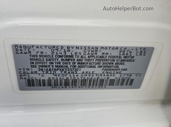 3N1AB7APXKY237321 2019 NISSAN SENTRA White Widok komory silnika