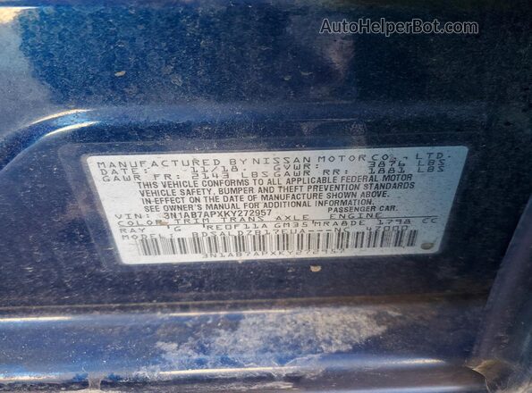 3N1AB7APXKY272957 2019 NISSAN SENTRA Blue Vista de la etiqueta del VIN