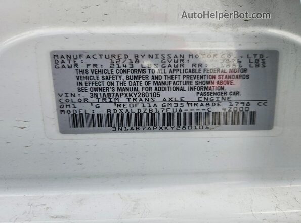 3N1AB7APXKY280105 2019 NISSAN SENTRA White VIN კოდის სტიკერის ხედი