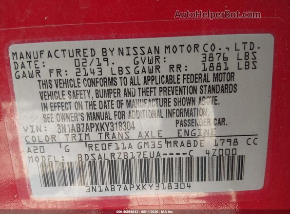 3N1AB7APXKY318304 2019 NISSAN SENTRA Red Widok komory silnika
