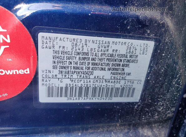 3N1AB7APXKY404230 2019 NISSAN SENTRA Blue Vista del compartimento del motor