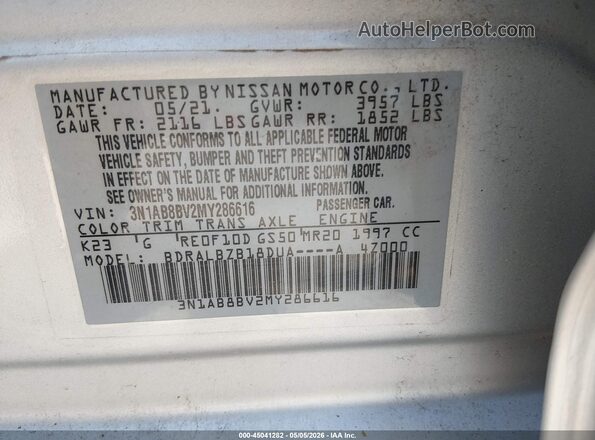 3N1AB8BV2MY286616 2021 NISSAN SENTRA Серебряный Вид подкапотного пространства