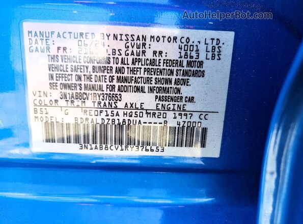 3N1AB8CV1RY376653 2024 NISSAN SENTRA Blue ძრავის განყოფილების ხედი