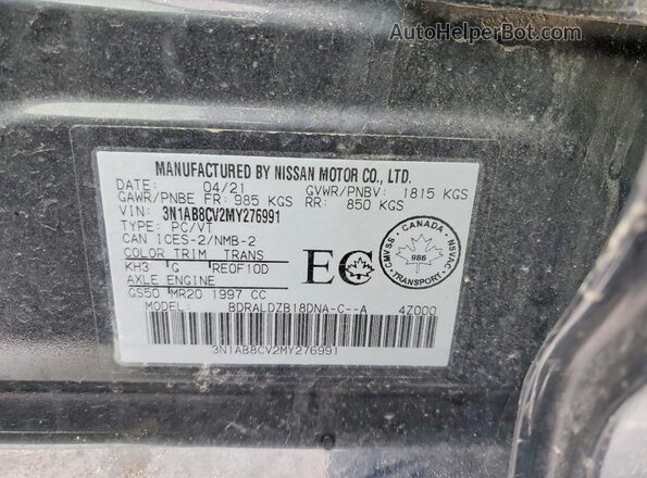 3N1AB8CV2MY276991 2021 NISSAN SENTRA Black Vista de la etiqueta del VIN