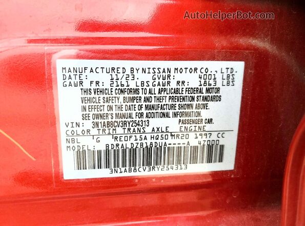 3N1AB8CV3RY254313 2024 NISSAN SENTRA Maroon Вид наклейки з VIN-кодом