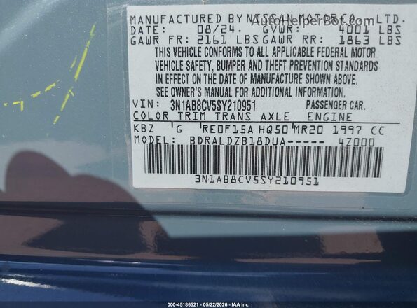 3N1AB8CV5SY210951 2025 NISSAN SENTRA Синий Вид подкапотного пространства