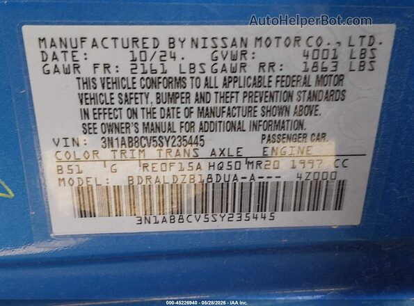 3N1AB8CV5SY235445 2025 NISSAN SENTRA Blue Widok komory silnika