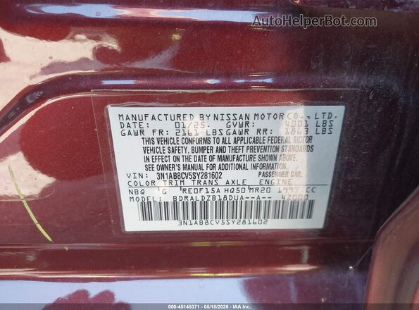 3N1AB8CV5SY281602 2025 NISSAN SENTRA Burgundy Widok komory silnika