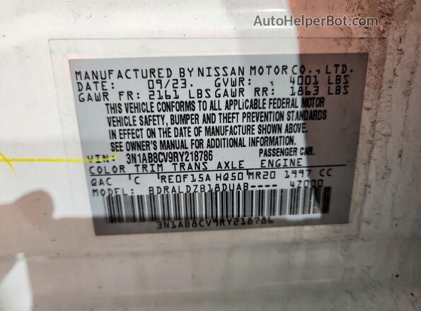 3N1AB8CV9RY218786 2024 NISSAN SENTRA White VIN კოდის სტიკერის ხედი