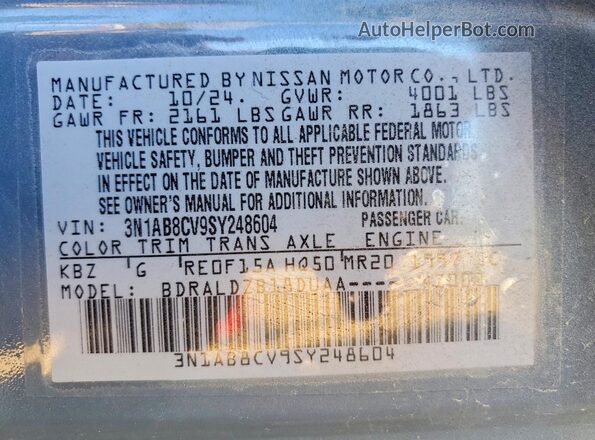 3N1AB8CV9SY248604 2025 NISSAN SENTRA Gray VIN კოდის სტიკერის ხედი