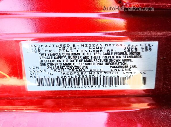 3N1AB8CVXRY296316 2024 NISSAN SENTRA Red ძრავის განყოფილების ხედი