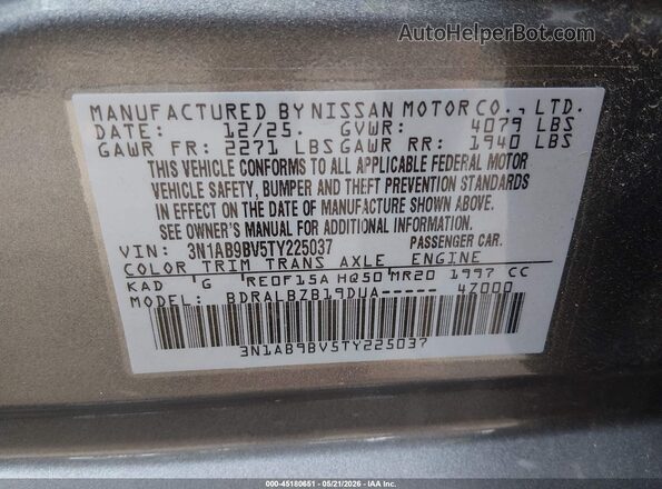 3N1AB9BV5TY225037 2026 NISSAN SENTRA Gray ძრავის განყოფილების ხედი