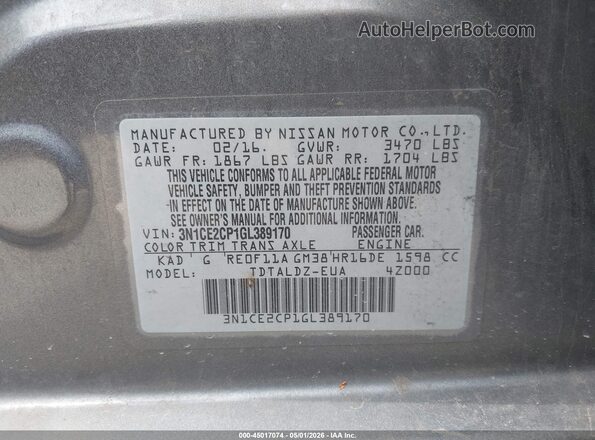 3N1CE2CP1GL389170 2016 NISSAN VERSA NOTE Silver Вид підкапотного простору