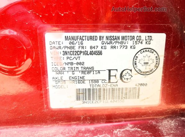 3N1CE2CP1GL404556 2016 NISSAN VERSA Красный Вид наклейки с VIN-кодом