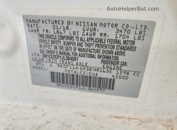 3N1CE2CP1JL364597 2018 NISSAN VERSA Белый Вид наклейки с VIN-кодом