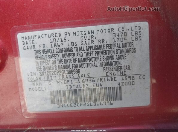 3N1CE2CP2GL366996 2016 NISSAN VERSA NOTE Red Շարժիչի բաժամունքի տեսք
