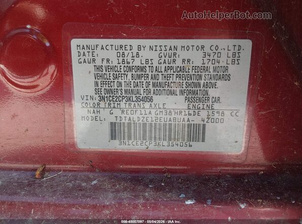 3N1CE2CP3KL354056 2019 NISSAN VERSA NOTE Красный Вид подкапотного пространства