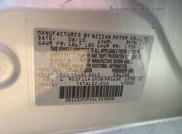 3N1CE2CP4GL353828 2016 NISSAN VERSA Серебряный Вид подкапотного пространства