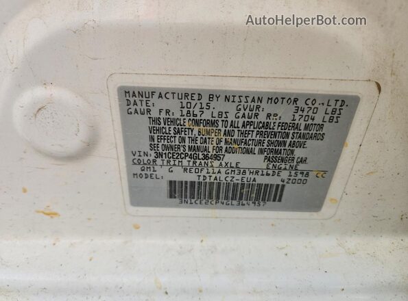 3N1CE2CP4GL364957 2016 NISSAN VERSA Белый Вид наклейки с VIN-кодом