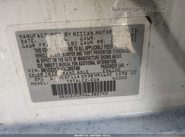 3N1CE2CP4GL380740 2016 NISSAN VERSA NOTE White Widok komory silnika
