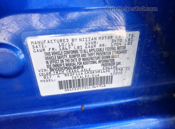 3N1CE2CP5GL364918 2016 NISSAN VERSA Blue Widok komory silnika