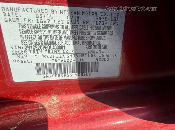 3N1CE2CP5GL403801 2016 NISSAN VERSA Red Vista de los asientos traseros