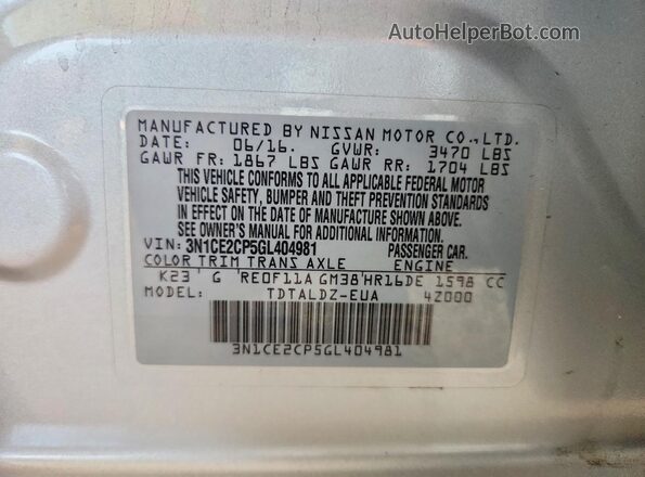 3N1CE2CP5GL404981 2016 NISSAN VERSA Silver Widok wnętrza 360 stopni
