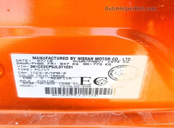 3N1CE2CP5JL371231 2018 NISSAN VERSA Orange Widok naklejki z numerem VIN
