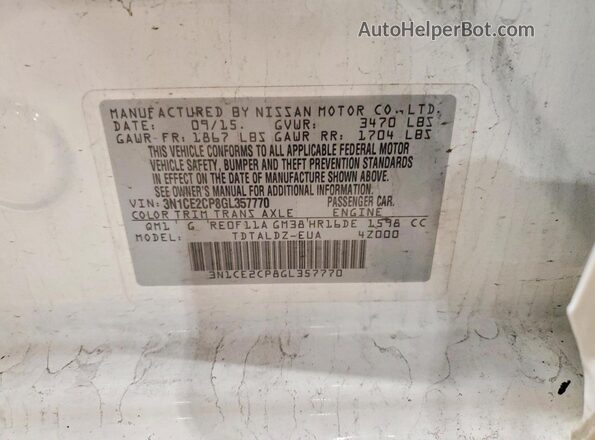 3N1CE2CP8GL357770 2016 NISSAN VERSA White ძრავის განყოფილების ხედი