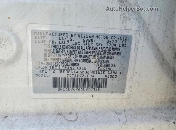 3N1CE2CP8GL370938 2016 NISSAN VERSA Белый Вид подкапотного пространства