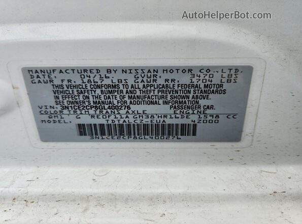 3N1CE2CP8GL400276 2016 NISSAN VERSA Белый Вид наклейки с VIN-кодом