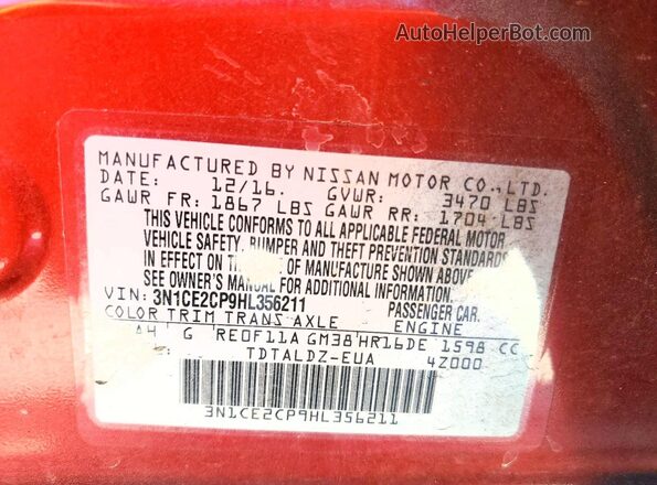 3N1CE2CP9HL356211 2017 NISSAN VERSA Красный Вид наклейки с VIN-кодом