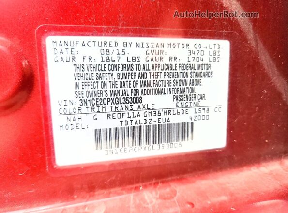 3N1CE2CPXGL353008 2016 NISSAN VERSA Red Շարժիչի բաժամունքի տեսք