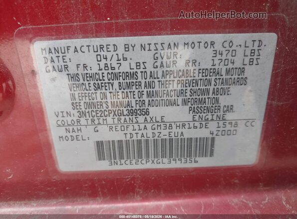 3N1CE2CPXGL399356 2016 NISSAN VERSA NOTE Red Widok komory silnika