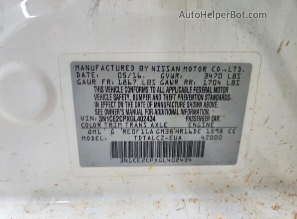 3N1CE2CPXGL402434 2016 NISSAN VERSA White Engine compartment view