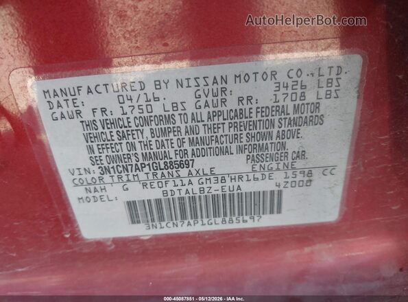 3N1CN7AP1GL885697 2016 NISSAN VERSA Red Vista del compartimento del motor