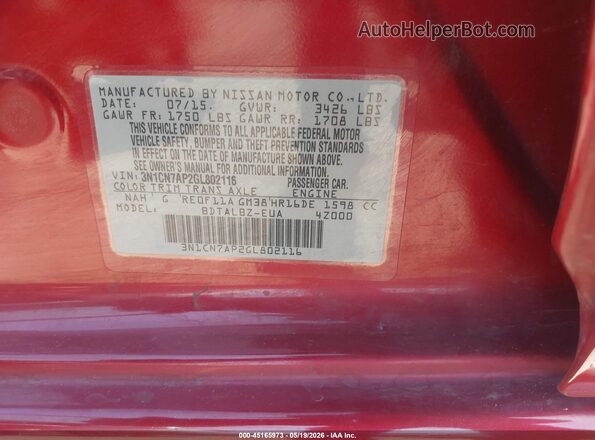 3N1CN7AP2GL802116 2016 NISSAN VERSA Red Vista del compartimento del motor