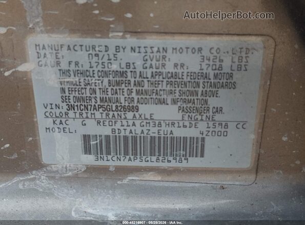 3N1CN7AP5GL826989 2016 NISSAN VERSA Gray Widok komory silnika
