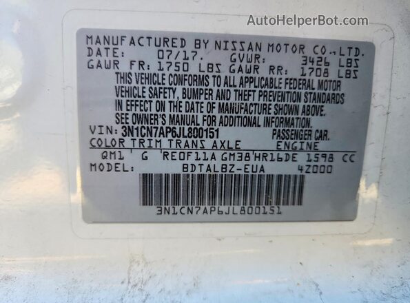 3N1CN7AP6JL800151 2018 NISSAN VERSA White Widok naklejki z numerem VIN