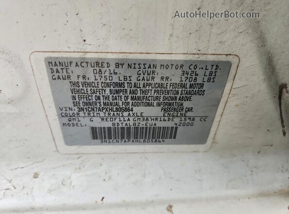 3N1CN7APXHL805864 2017 NISSAN VERSA Белый Вид наклейки с VIN-кодом