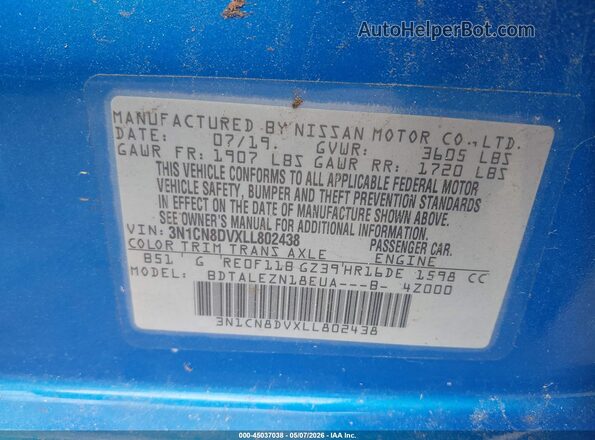 3N1CN8DVXLL802438 2020 NISSAN VERSA Blue Widok komory silnika