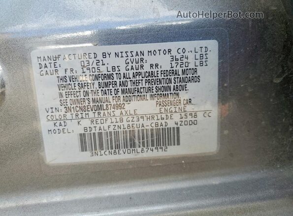 3N1CN8EV0ML874992 2021 NISSAN VERSA Gray ძრავის განყოფილების ხედი