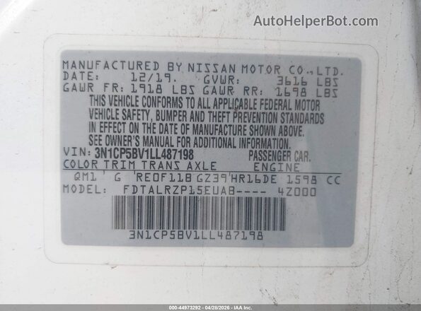 3N1CP5BV1LL487198 2020 NISSAN KICKS White ძრავის განყოფილების ხედი
